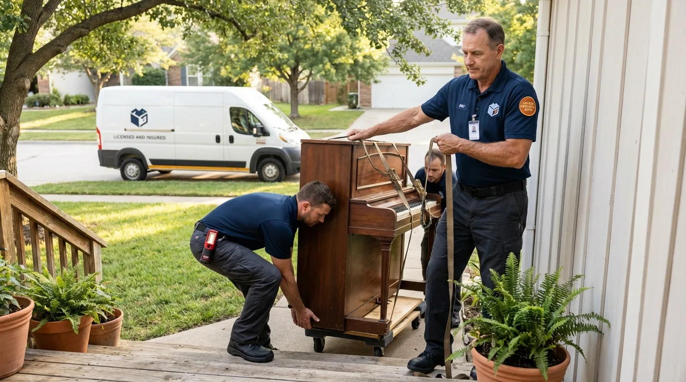 Licensed piano movers securing grand piano in Highland Park, MI