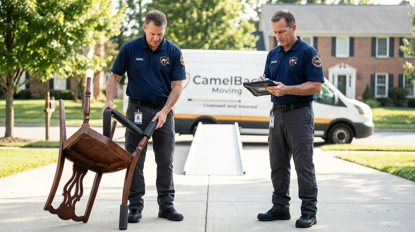 Movers inspecting furniture for damage prevention before loading in Highland Park, MI