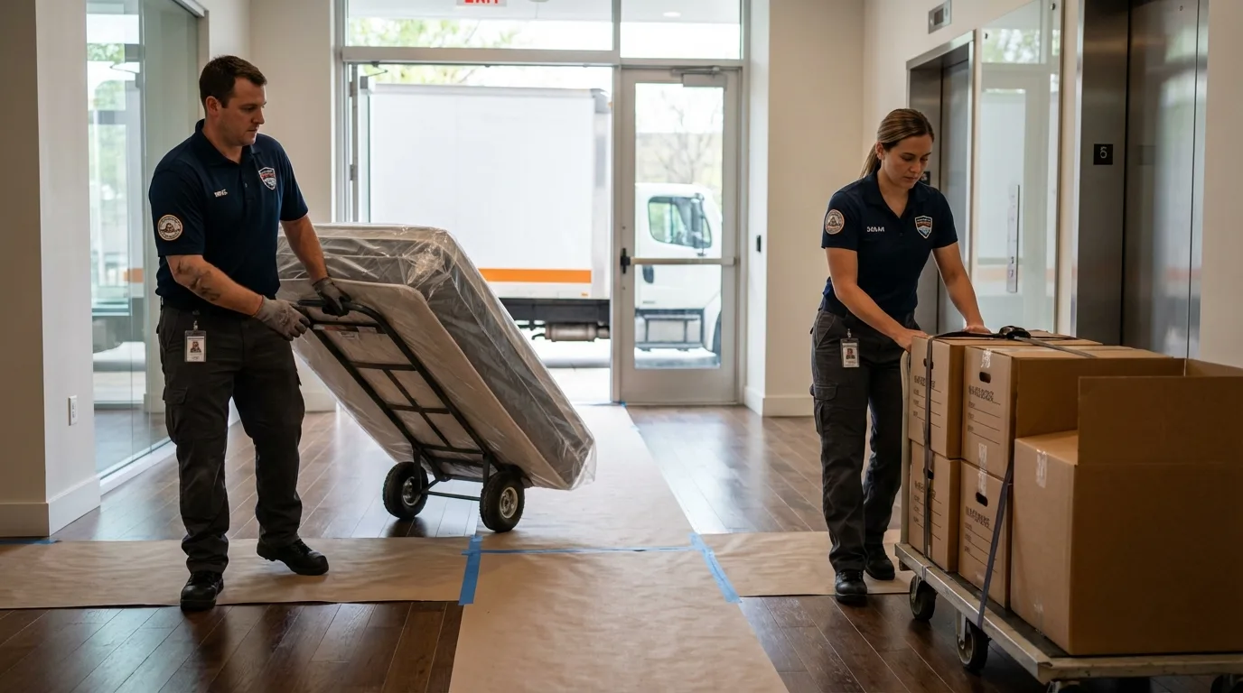 Professional apartment movers loading elevator in Highland Park, MI